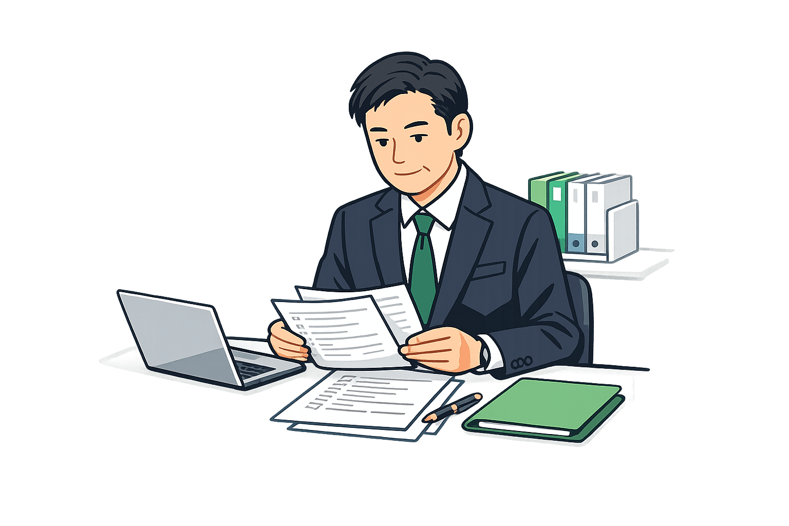 書類とファイル棚に囲まれて申請資料を確認する行政書士のイラスト