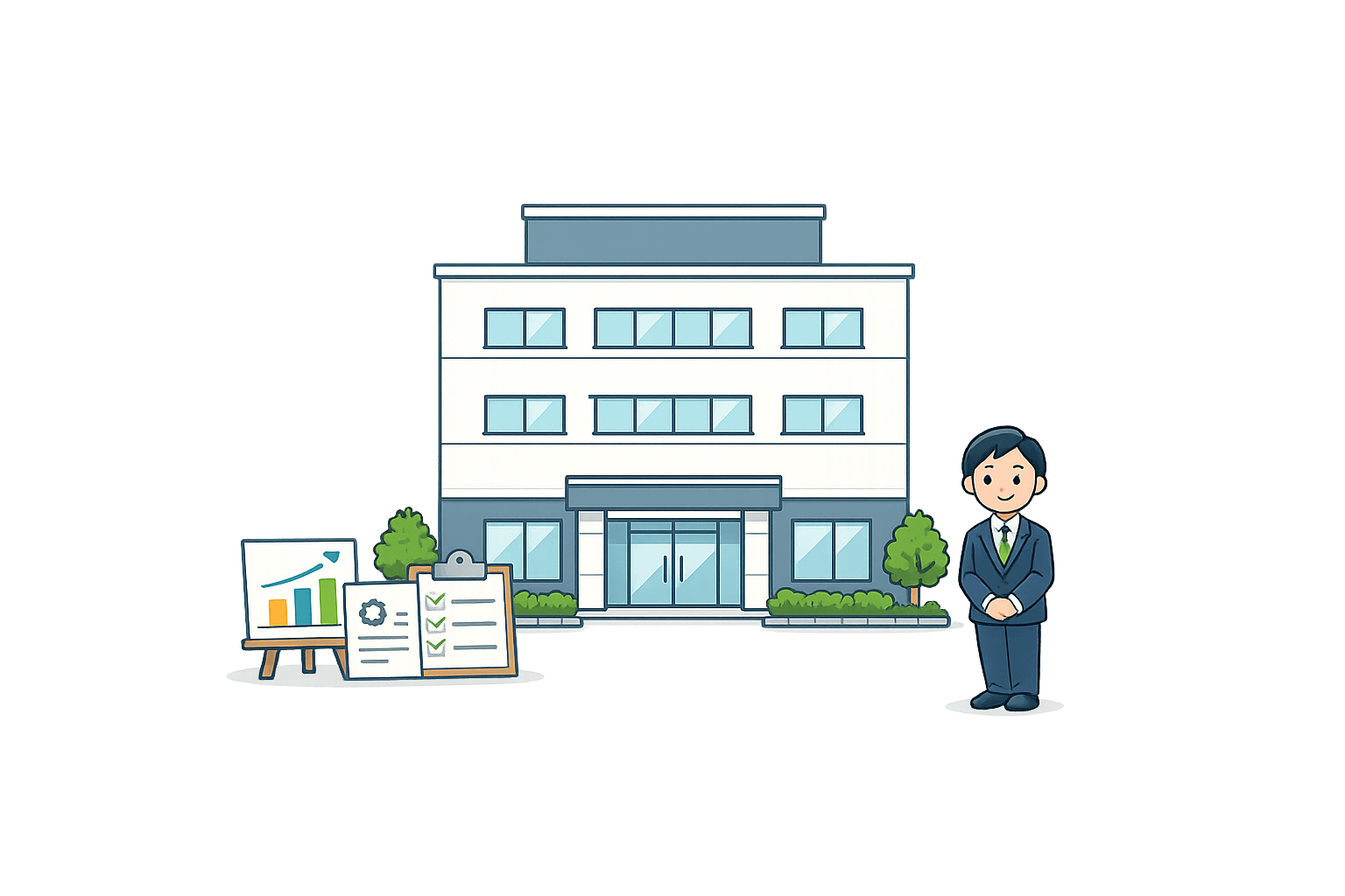 銀行の建物の前に立つ行員のイラスト