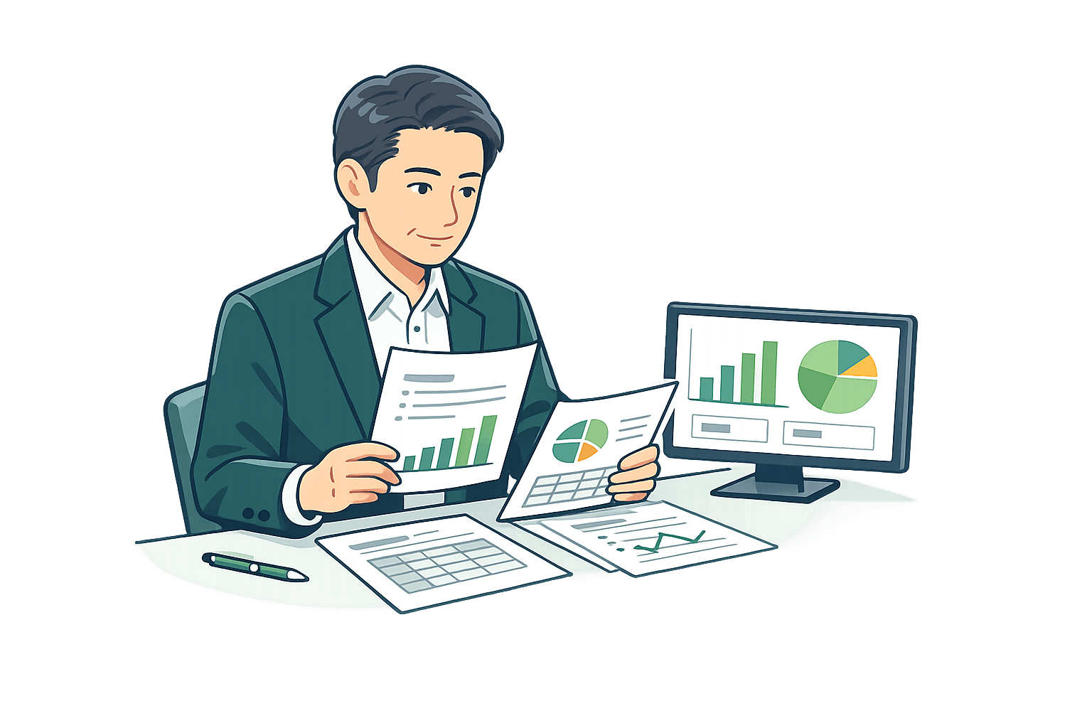 グラフ資料とモニタを見ながら経営分析をする中小企業診断士のイラスト