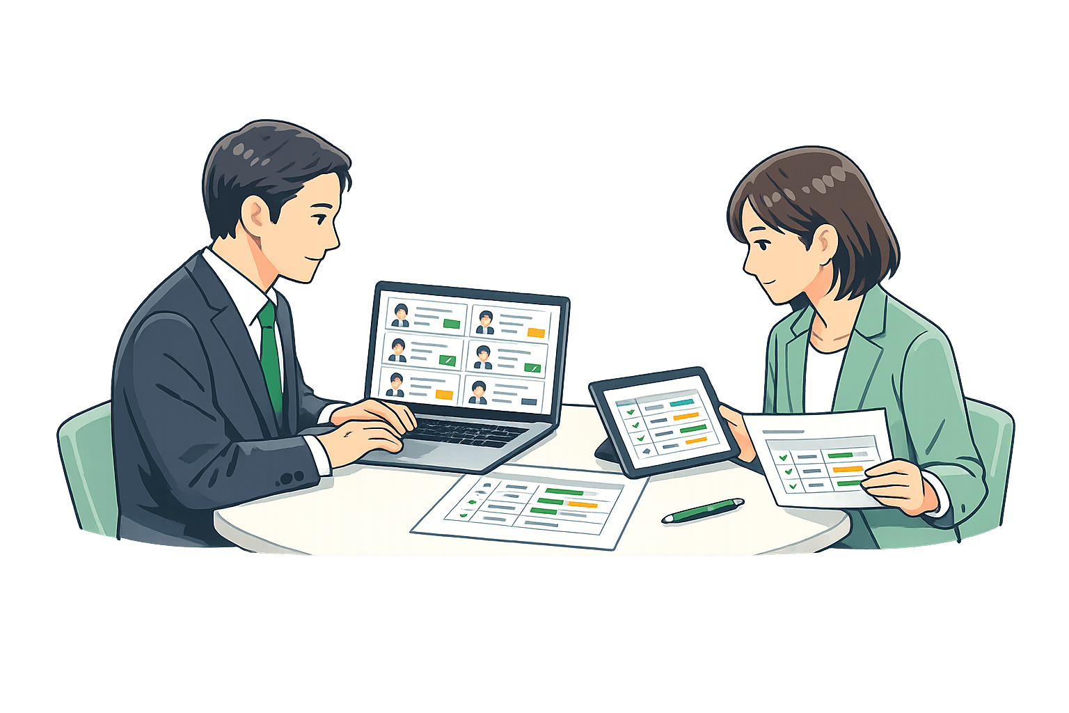2人の担当者がPCとタブレットで案件一覧を共有しているイラスト