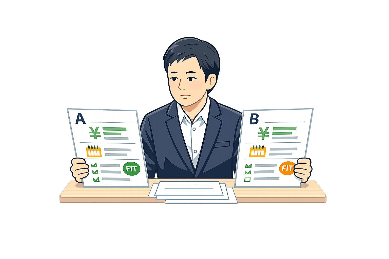 AとBの2つの制度資料を見比べて迷っている担当者のイラスト